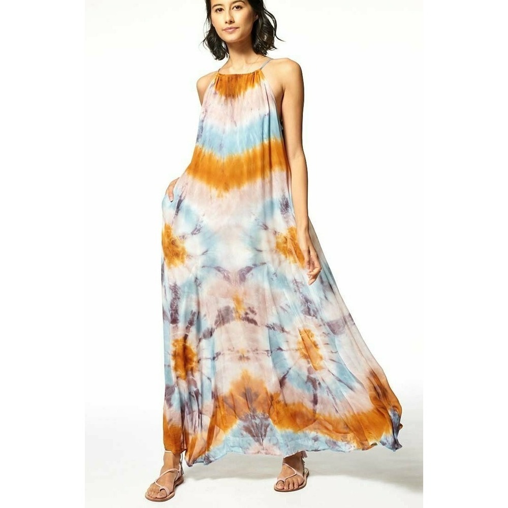 Young Fabulous‎ & Broke Tie Dye Halter bohemian Maxi Dress Blue Yellow Purple